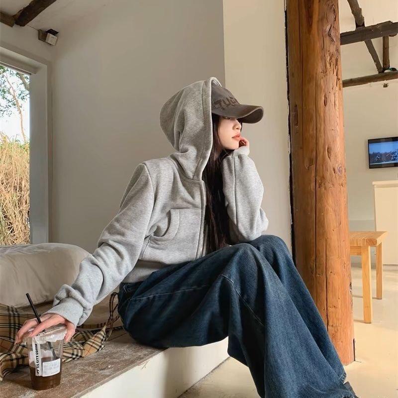 

Женская серая толстовка с капюшоном приталенного кроя - Американский ретро-стиль для весны и осени XL