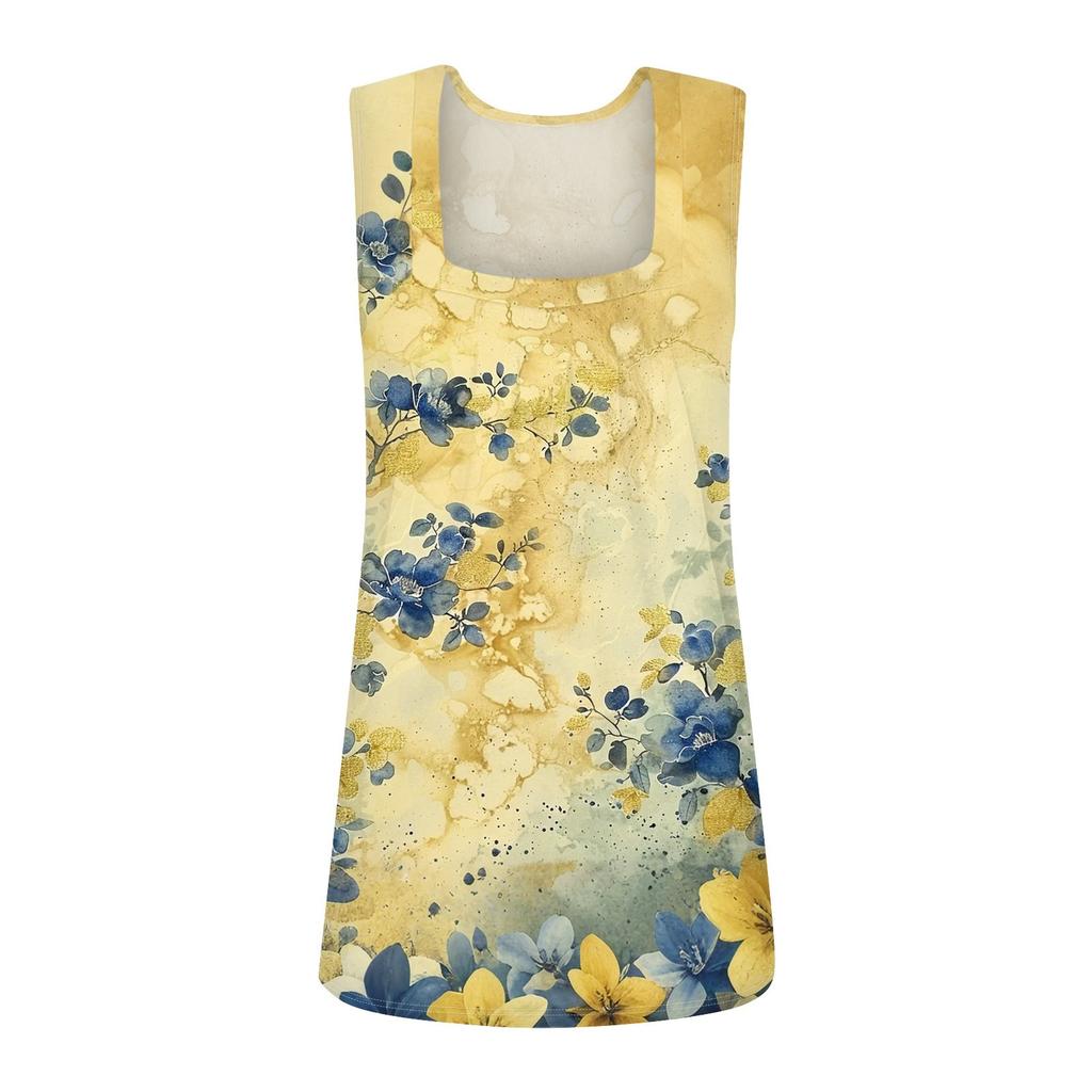 Square Collar Tank Top Women Print Tank Tee Casual Loose Fit Sleeveless Shirt