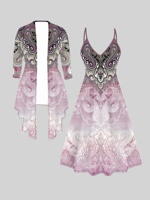 Conjunto de Vestido e Casaco com Estampa Padrão Retro 3D para o Dia dos Namorados, Estampa Fashion com Totem Clássico Excêntrico, adequado para Vários Cenários de Estilos de Moda