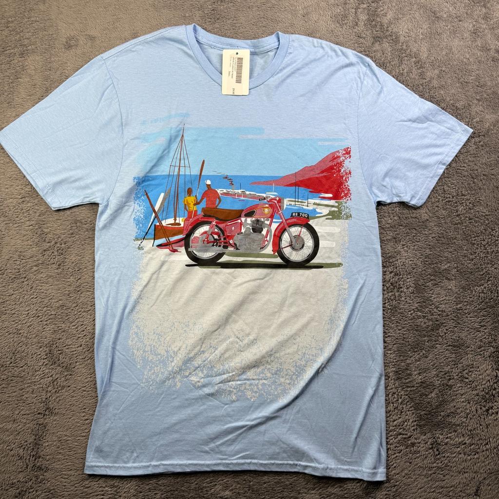 Camiseta Royal Enfield NUEVA RE 700 Gráfico Amanecer para Hombre Talla M Manga Corta Camiseta Unisex Azul Claro