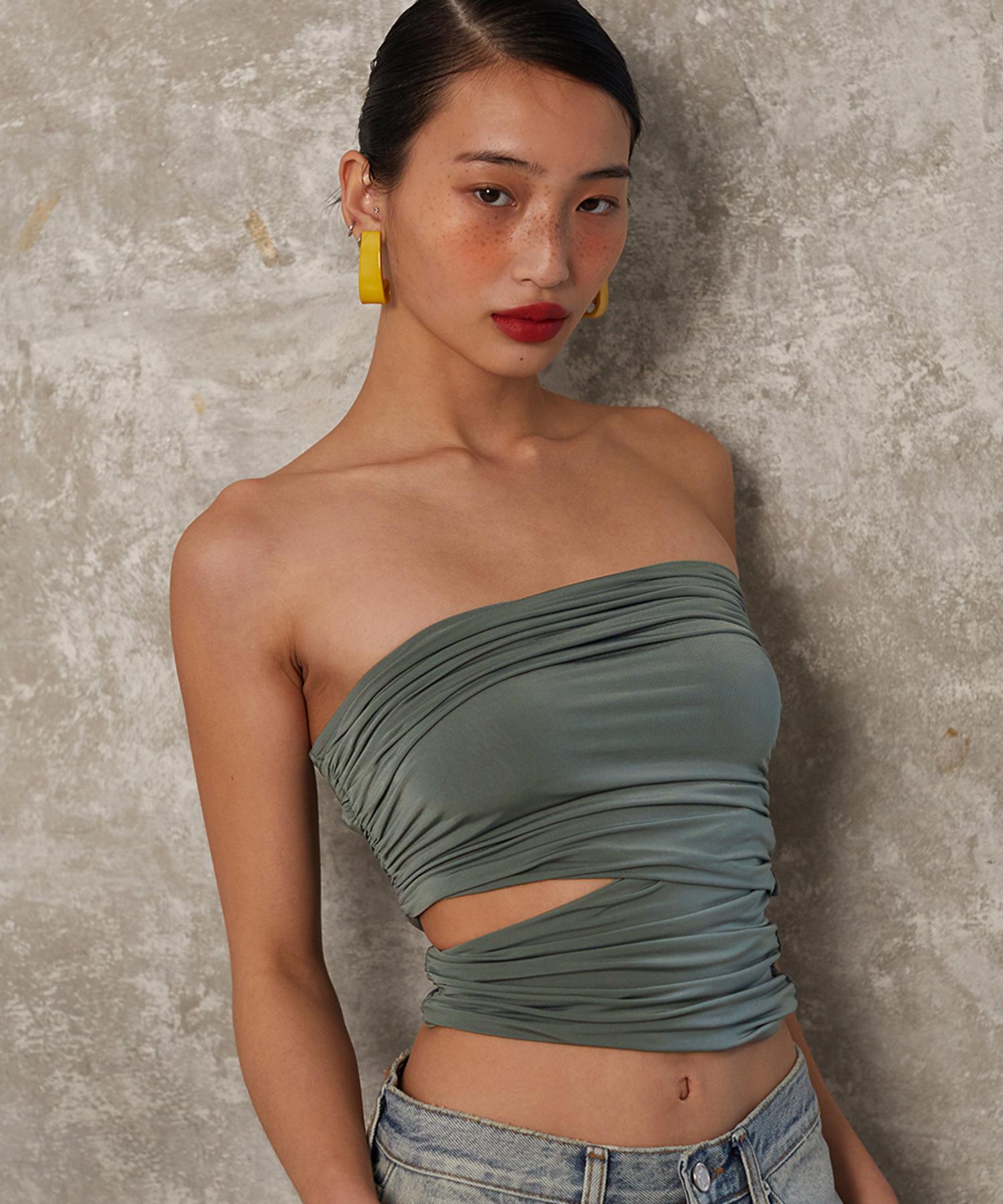 Top Girl One Side Cut Out Shirring Tube Top_T316Tp121 Olive/M-L