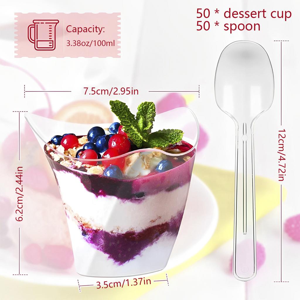 200Pcs Dessert Cups Disposable Plastic Mousse Cup 100ml Transparent Pudding Cup with Spoons Multipurpose Cheesecake Parfait Pot