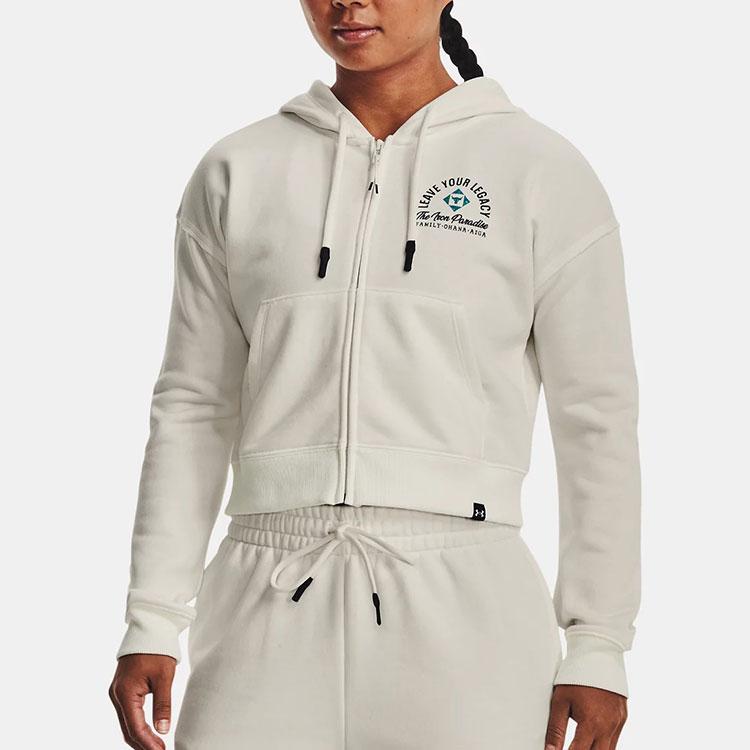 Under Armour Project Rock Logo Print Zip Hoodie Women Hoodie Ivory-White 1379002-130