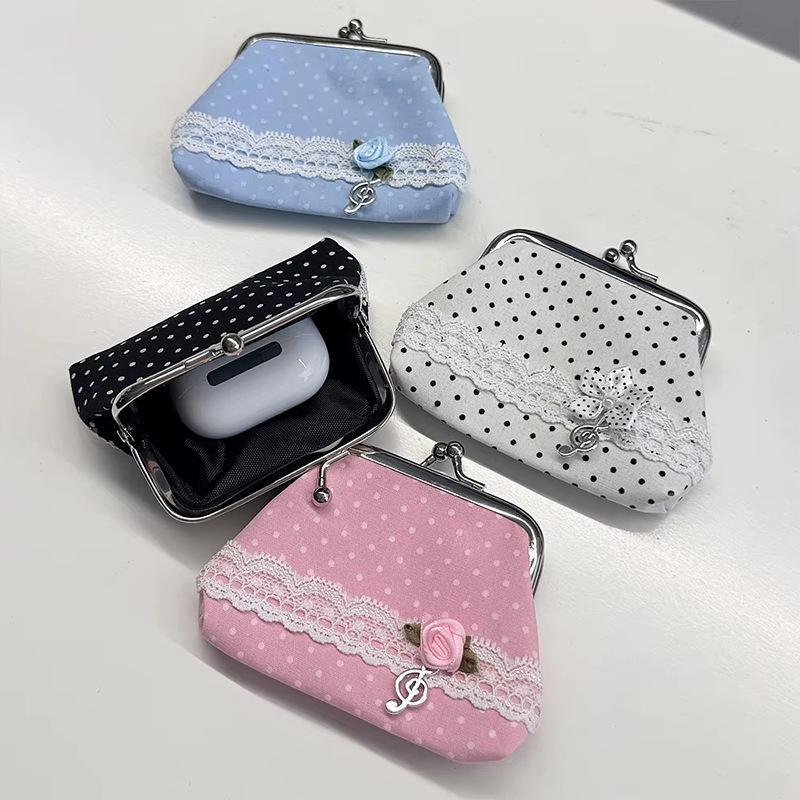 Cute Y2K Coin Purses Lady Small Wallet Wave Dot Handmade Lace Showa Rose Vintage Bag Hanging Pendant Earphone Bag Wallet