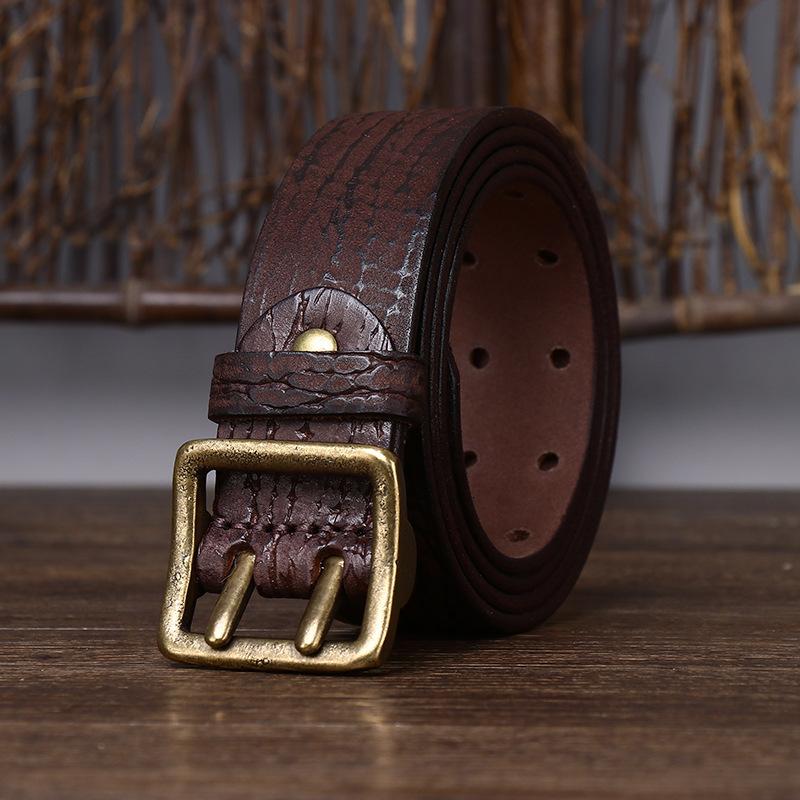 2024 New Korean Retro Vintage Vintage Fashion Personalized Double Needle Copper Buckle Belt Men's Genuine Leather Pure Cowhide Cowboy Belt
