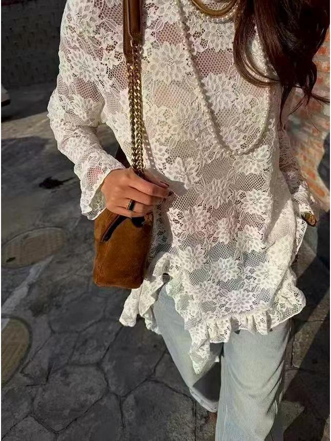 2025 Winter Exquisite Jacquard Lace Long Sleeve Irregular Hem Women's Shirt