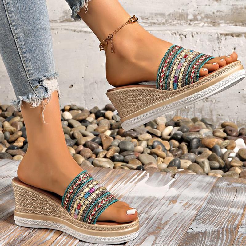 Fashion Summer Patchwork Wedges Slippers for Women Bohemian Open Toe Beach Women\'s Slippers Non-Slip Plus Size Slides for Woman
