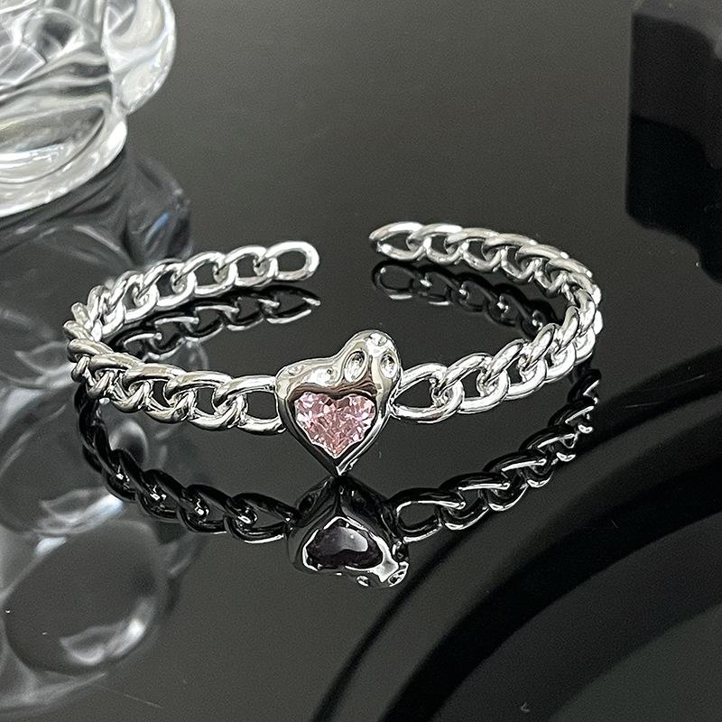 Niche Design Sense Advanced Sense Love Pink Diamond French Irregular Pleated Open Bracelet Chain Bracelet