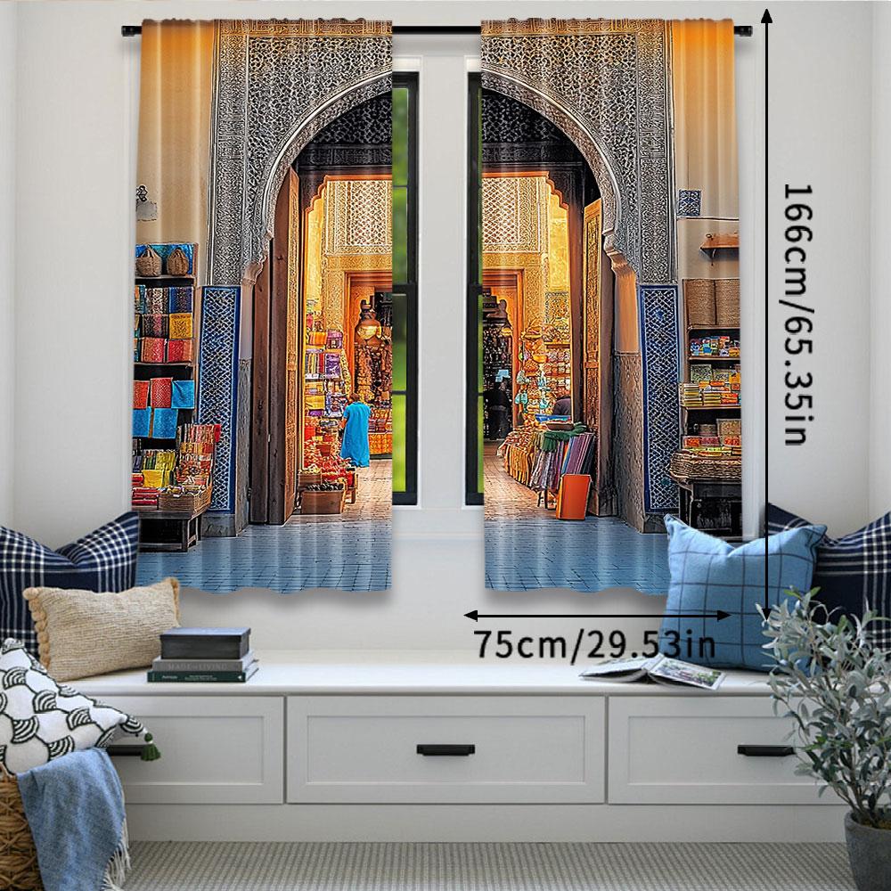 2Pcs Moroccan Curtains Typical Moroccan Door To Old Medina Mediterranean Historical Arch Entrance For Bedroom Living Room And