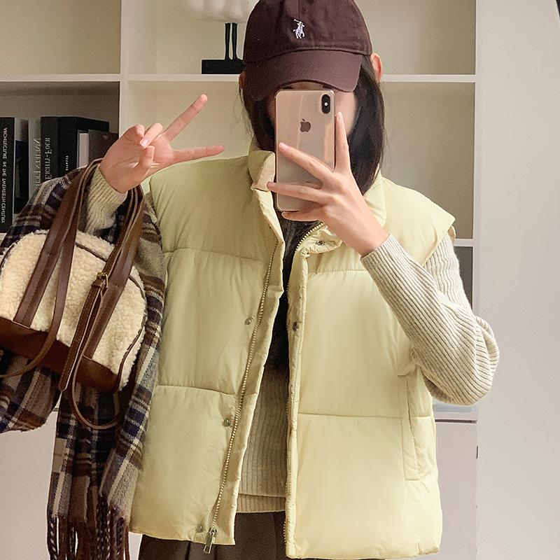 Light Blue Sleeveless Stand-up Neck Down Cotton Jacket Women's Winter New Small Short Warm Bread Jacket