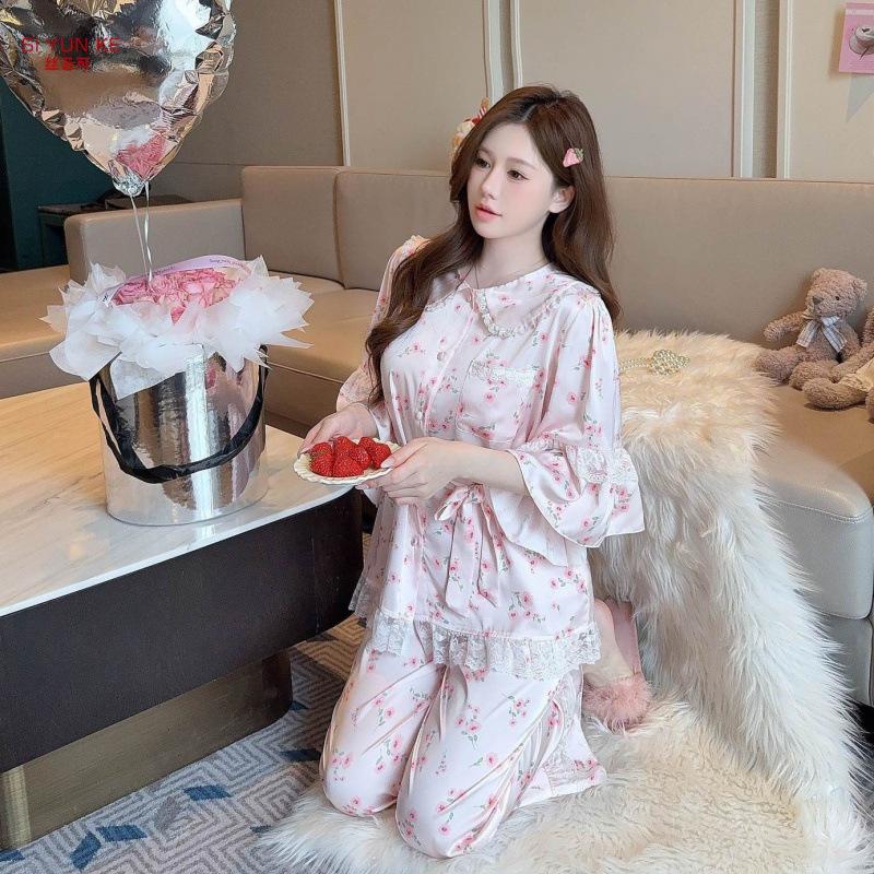 Pajamas female princess style doll collar medium sleeve new floral beautiful girl trousers set ice and snow silk women's loungewear