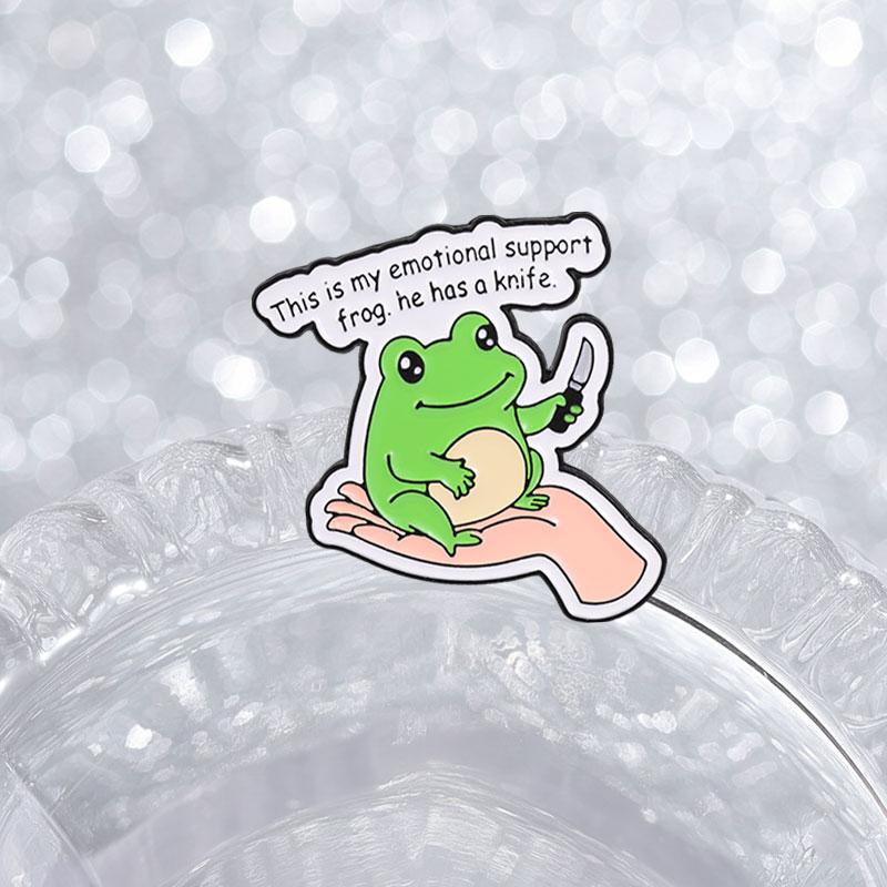 My Emotional Support Frog Badge Cute Green Froggy With Knife Enamel Pins Funny Meme Cartoon Animal Brooch Accessories Decor