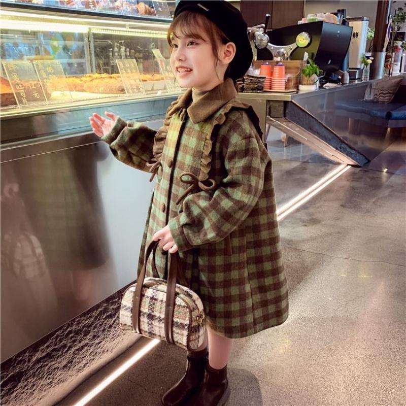 Girls' Vintage Woolen Coat, Autumn and Winter Children's Loose Checkered Princess Cotton-padded Woolen Overcoat