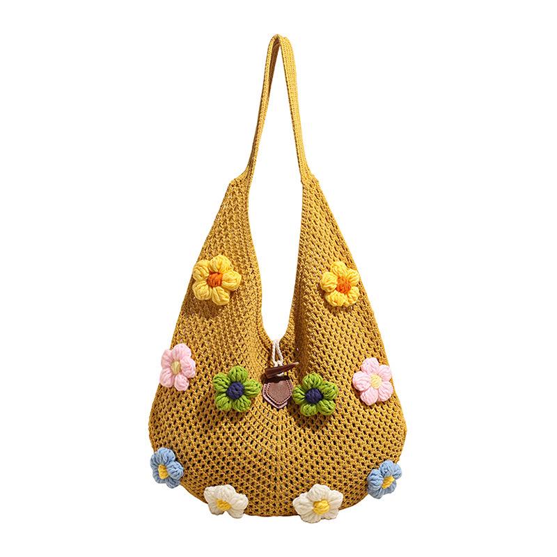 2026 Women's One-Shoulder Tote: Large Capacity, Three-Dimensional Floral Hollow Woven Design