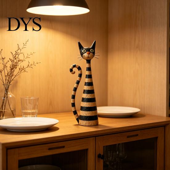 Tabletop Accents for Study Vintage Cat & Lady Resin Sculpture, Artistic Striped Statues, Retro Style Table Ornaments Elegant Polka Dot Ornament,