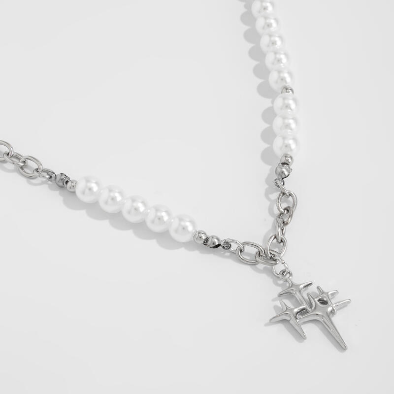 Hiphop Rock Four-Pointed Star Pendant Necklaces for Men Women Imitation Pearls Beaded Collarbone Necklaces Jewelry Accessories