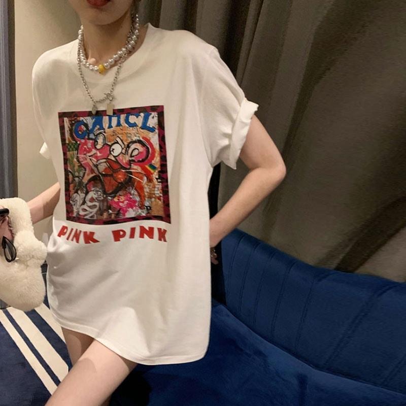 

Белая футболка с коротким рукавом женская летняя свободная средней длины приталенная 2025 новая с принтом масляной живописи парная с рукавом до локтя S