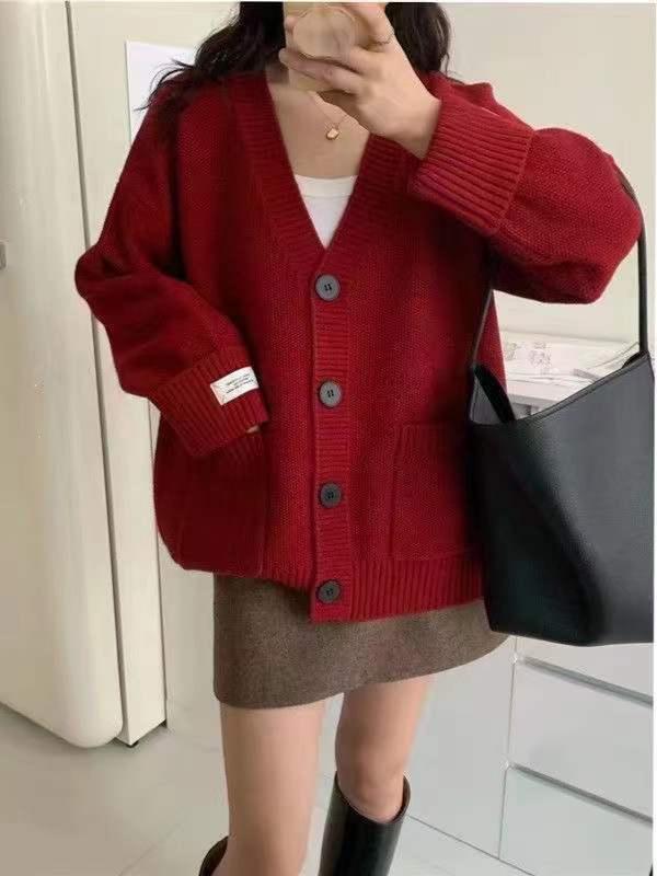 Oversized V-Neck Solid Color Cardigan - Autumn/Winter Korean Style, Versatile Slimming Sweater for Women