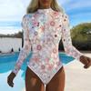 Women Long Sleeve One Piece Swimsuit Zip Front  Rose Flower  Print Rash Guard Surfing Bathing Suit