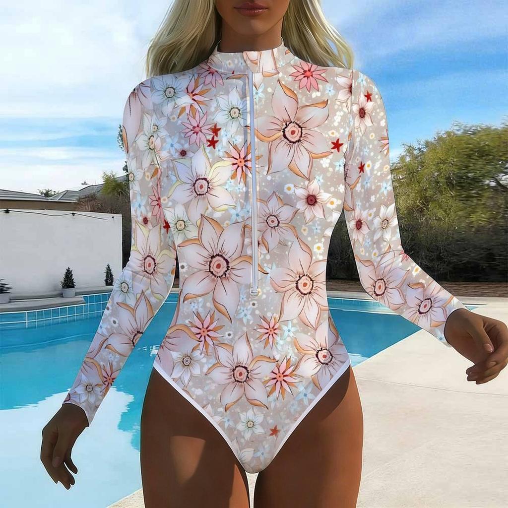 Women Long Sleeve One Piece Swimsuit Zip Front  Rose Flower  Print Rash Guard Surfing Bathing Suit