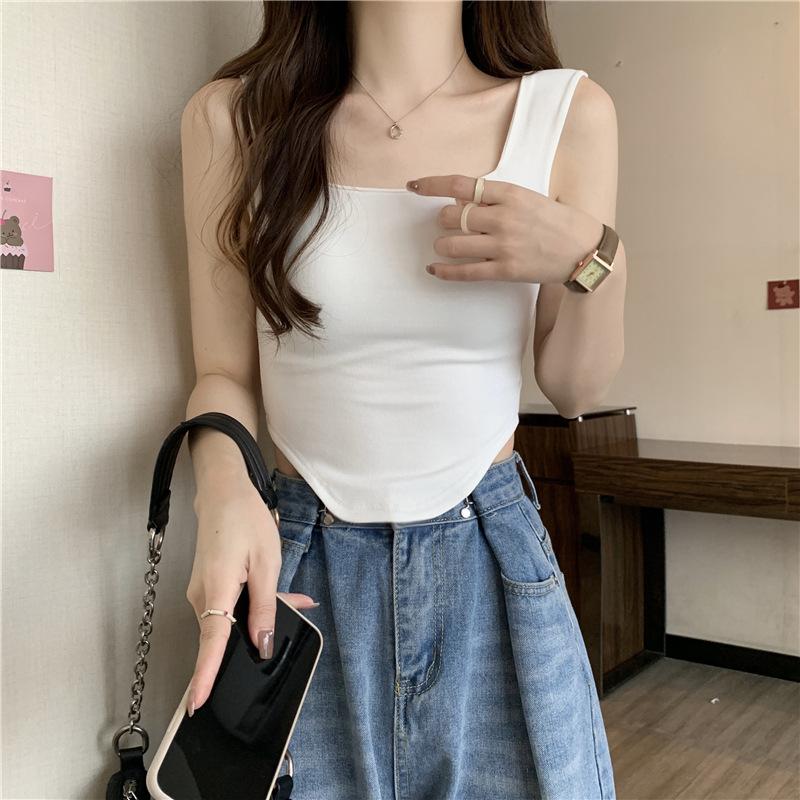 Summer Sweet Spice Girl Halter Tank Top with Chest Pad Inside and Outside Wear Wide Strap Sleeveless Top