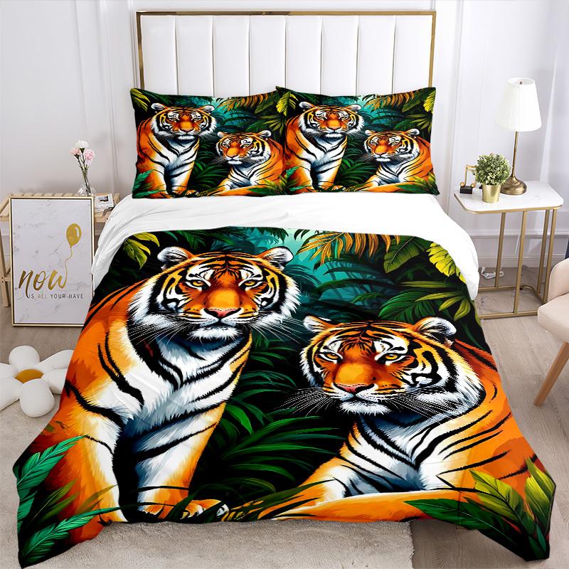3pcs Tiger Print Bedding Set - 1 Duvet Cover + 2 Pillowcases(Core Not Included), Machine Washable Polyester yy251216190