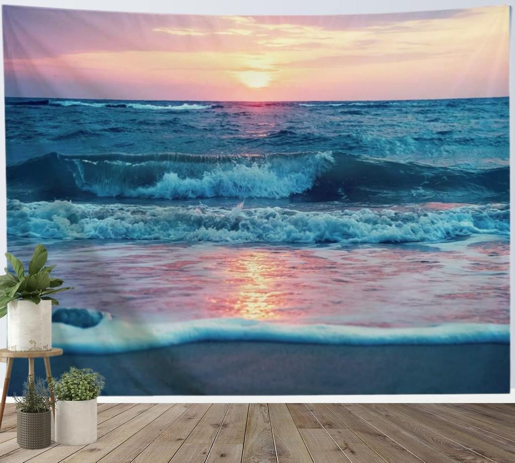 Ocean Tapestry Wall Hanging, Sea Beach Wave Sun Cloud Landscape Scenery Nature Wall Art [Double-Folded Hems] Bohemian Home Decor