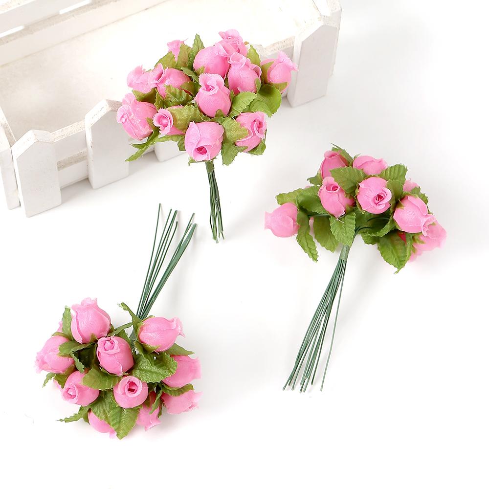 12PCs/lot Mini Artificial Rose Flowers Bouquet Silk Fake Flowers For Home Decor Wedding Decoration Craft Wreath Gift Accessories