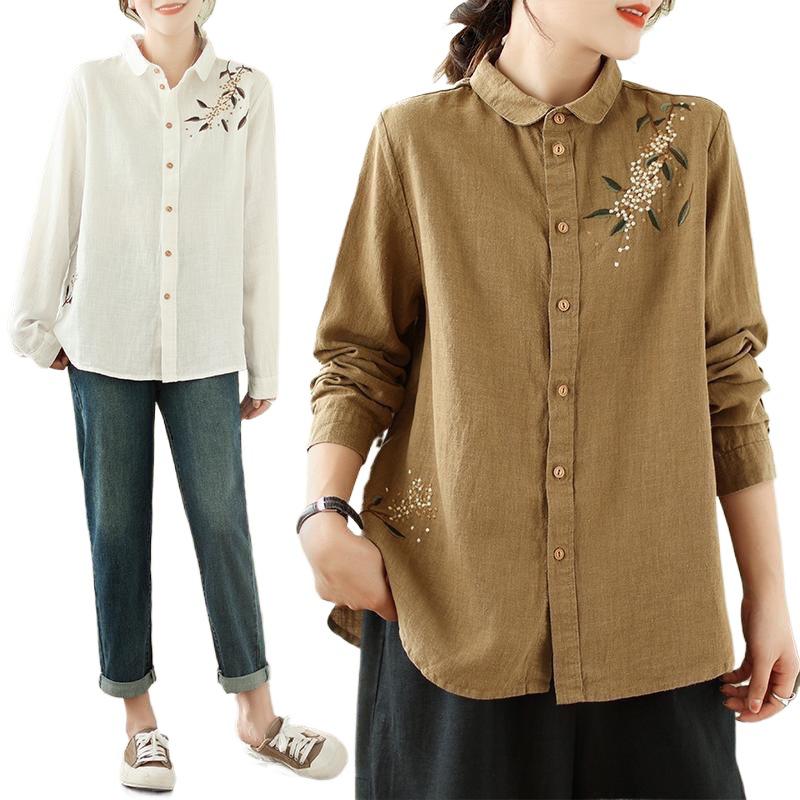 Southeast Asia Plus Size Retro Embroidered Cotton Linen Long Sleeve Shirt