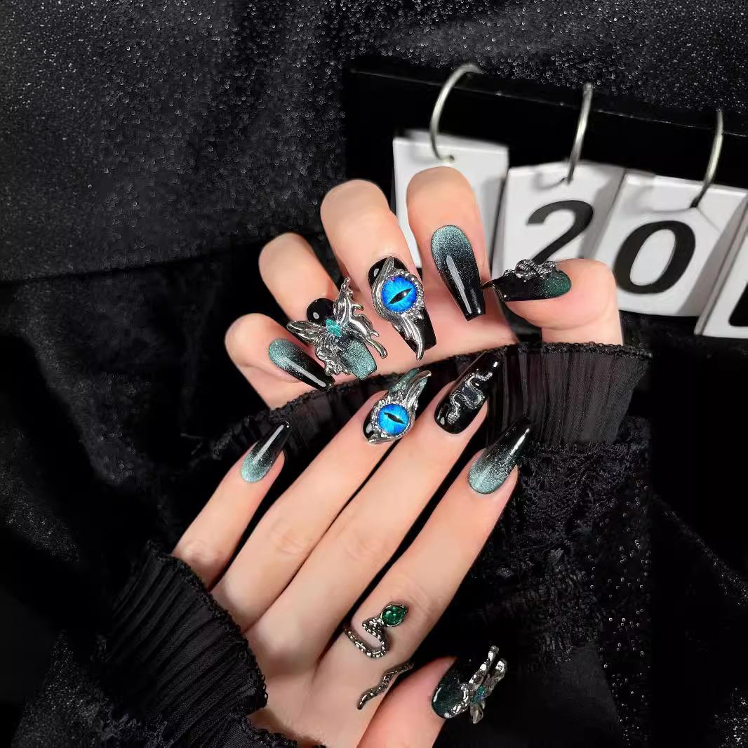 

10 шт./компл. съемные черные наклейки для ногтей ручной работы, готовые металлические накладные ногти в виде бабочек L