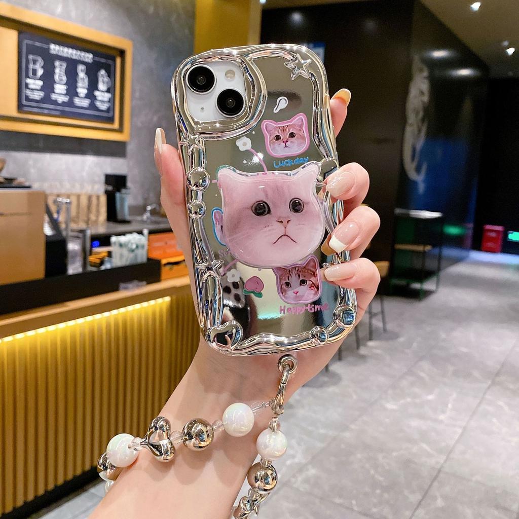 Three Dimensional Waves Suitable for IPhone14PRO Electroplated Mirror Cat Stand Anti Fall Soft Shell Apple 15 Mobile Phone Case