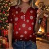 Women's Casual Christmas Print V-Neck Short Sleeve Button T-Shirt Top for Women