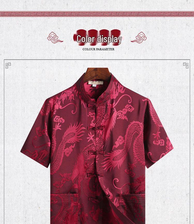 Silk Satin Dragon Tang Suit: Short-Sleeve Hanfu Shirt for Middle-Aged & Elderly Men, Lay Buddhist Attire with Frog Buttons