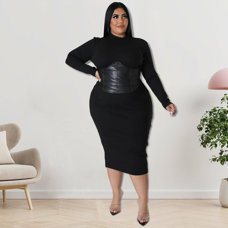 Plus Size Womens Knit Midi Dress With Zipper Detail Double-Layer Collar Long Sleeve Milk Silk Fabric Sweet Fresh Style