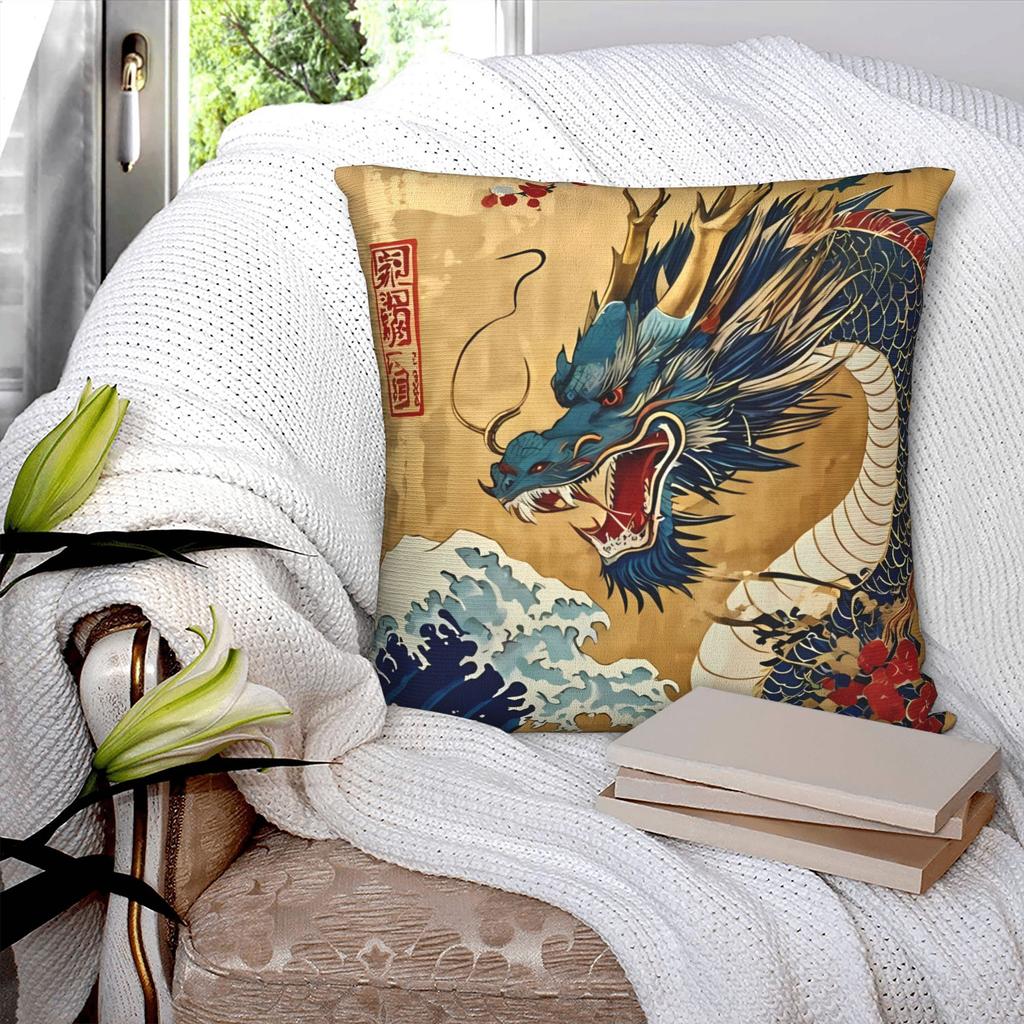Mythical Beast Design Pillow Cover, Blue Dragon And Ocean Scene Graphic Cushion Case For Living Room Bedroom Home Decor Gift