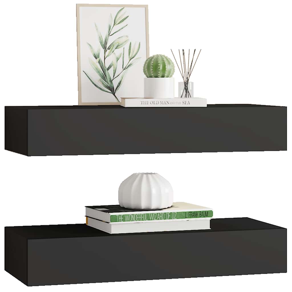 Vidaxl Wall Shelves with Drawer, 2 Pcs, Black, 60X23.5X10 Cm, Mdf