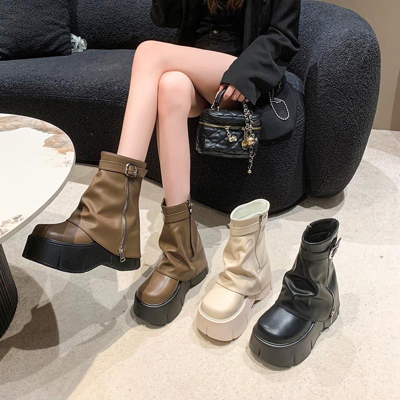 Thick-soled Trouser Boots Women's Winter New British Style Fashion Belt Buckle High Heel Small Short Boots