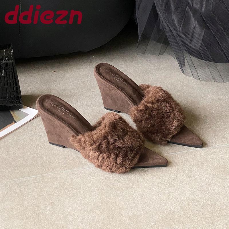 Fur Warm Women Pumps Wedges Shoes Female High Heels Footwear Pointed Toe Ladies Heeled Slides Sandals Wedges Shoes