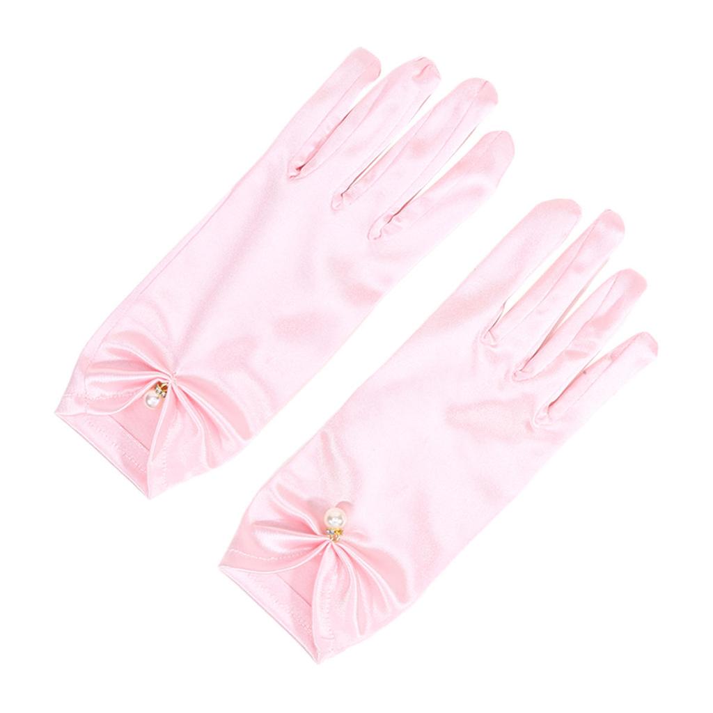 Women Elegant Satin Short Mittens Faux Pearl Pendant Decoration Solid Color Etiquette Gloves Dinner Party Opera Wedding Stage Performance
