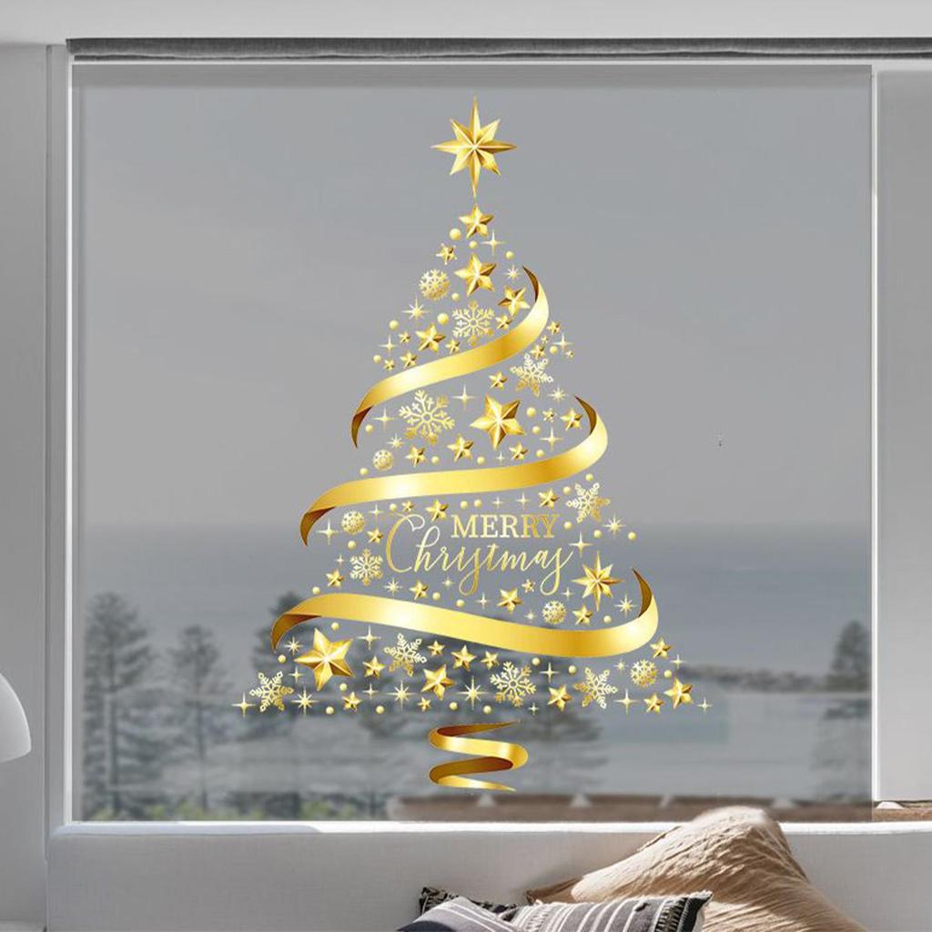 2pcs Christmas Window Stickers PVC Golden Christmas Tree Electrostatic Door Stickers Non Adhesive Static Christmas Window Stic
