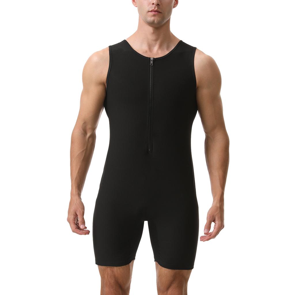 Combinaison Sauna Homme Gainant Body de Course Sweat à Fermeture Éclair Entraînement avec Short Maillot de Corps Fitness Musculation Combinaison d'Exercice Débardeur Combinaison