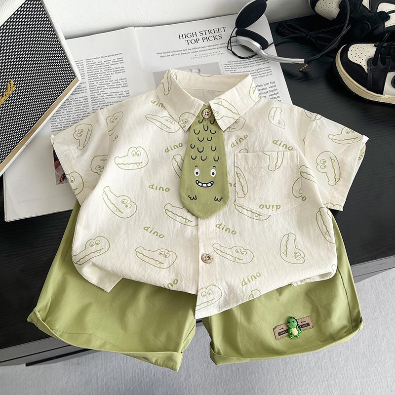 

Рубашка с коротким рукавом для мальчиков 0-5 лет Детская рубашка с мультяшным принтом+повседневные шорты комплект из двух предметов S зелёный