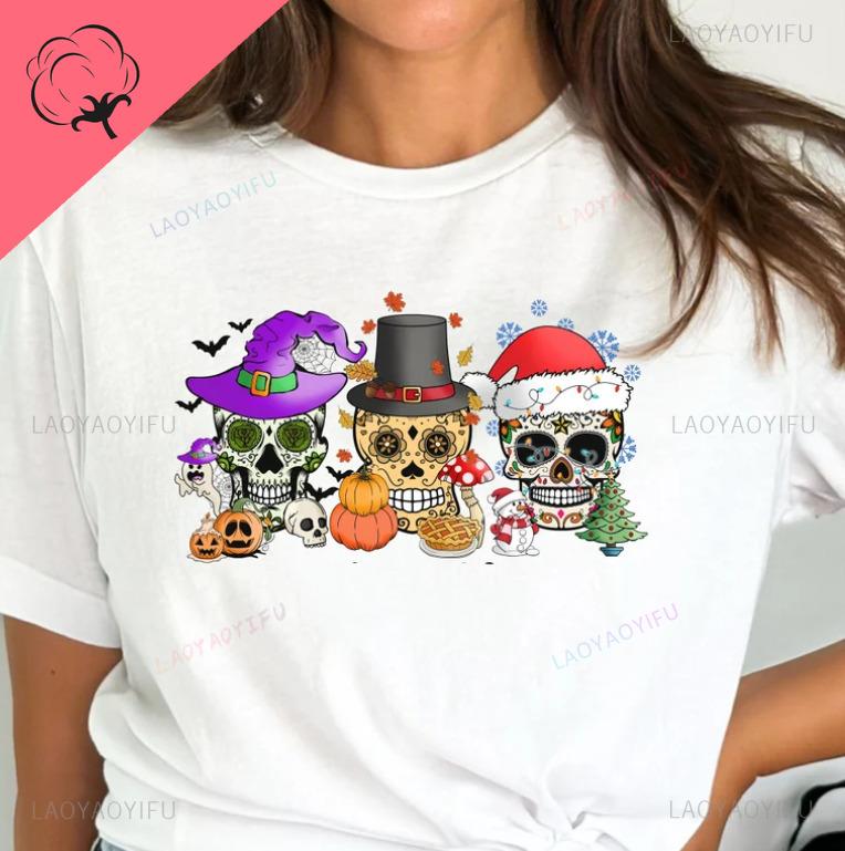 Sugar Skull Hallothankmas Mexican Tshirt Day of The Dead Dia De Los Muertos Women Clothing Graphic T Shirts Y2k Clothes Cotton