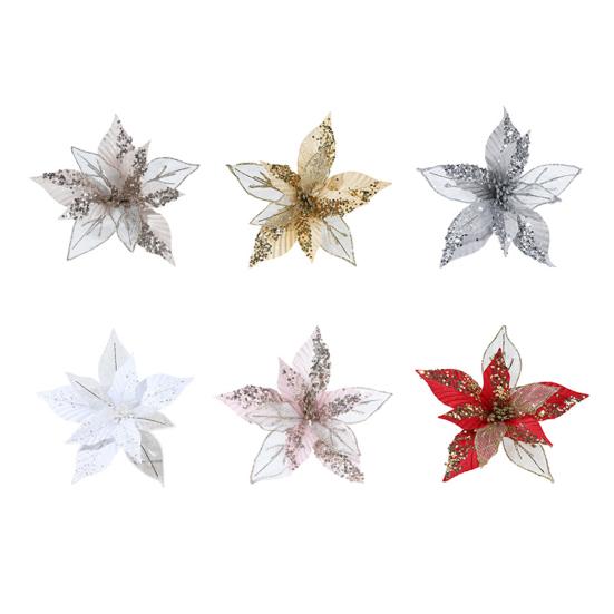 11" Christmas Artificial Flowers Glitter Sequins Poinsettia Flower Fabric Fake Flower Picks for Xmas Tree Ornament Wedding Birthday Wreath Decoration