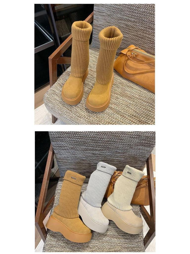 2025 Elastic Knit Sock Boots: Single-Sided Lining, Casual Autumn/Winter, Versatile Streetwear, College Style, Brown.