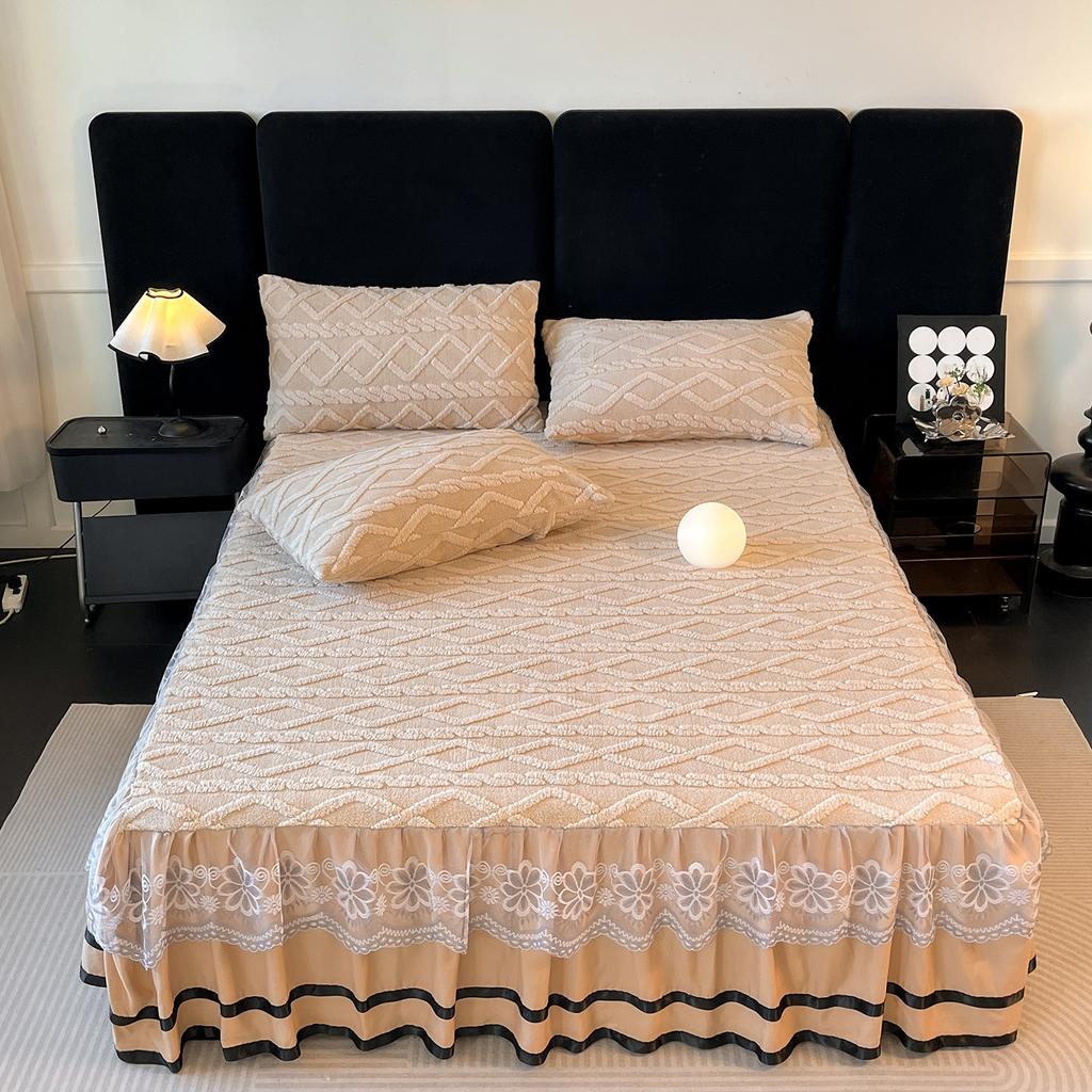 Tafu Velvet Jacquard Bed Skirt Plush Thickened Dustproof and Anti Slip Bed Cover Embroidered Lace Bed Sheet 3pcs Home Textile