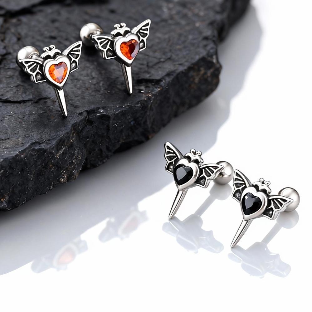 Gothic Wings Stud Earrings for Men Women,Vintage Stainless Steel Heart Zircon Sword Stud Earrings,Punk Piercing Jewelry Gift