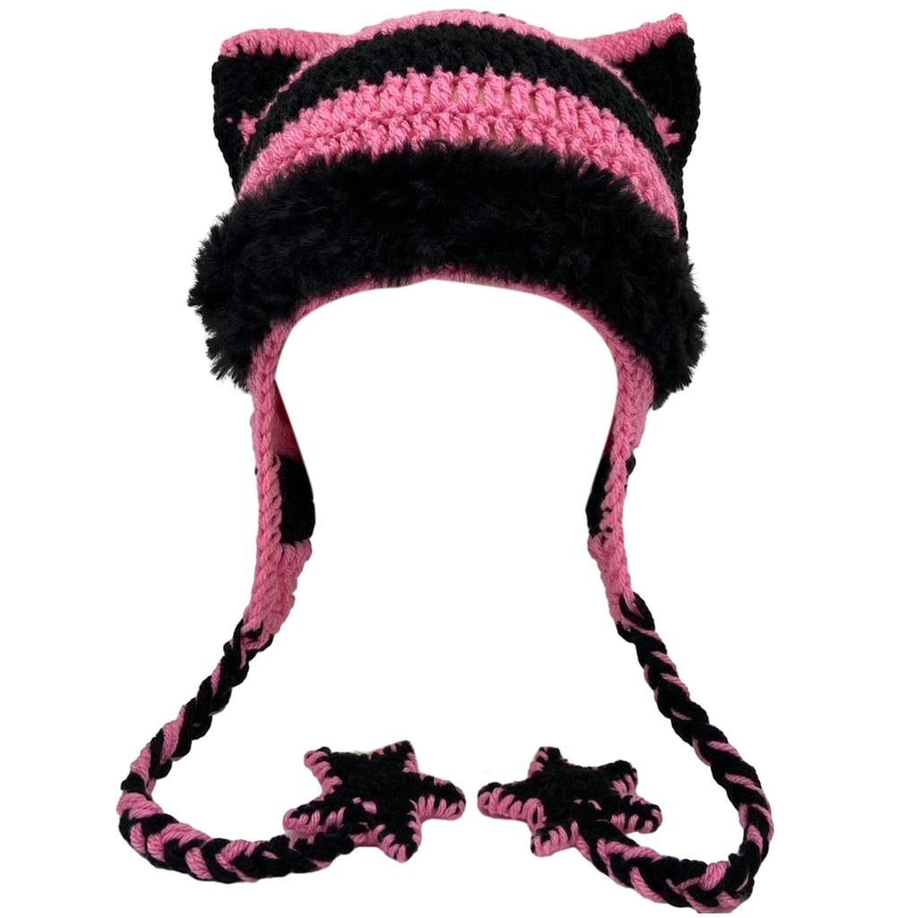 Cartoon Kitten Hat Girls Headgear for Outdoors Activities Skiing with Mini Ears Crocheted Beanie for Skiing Camping