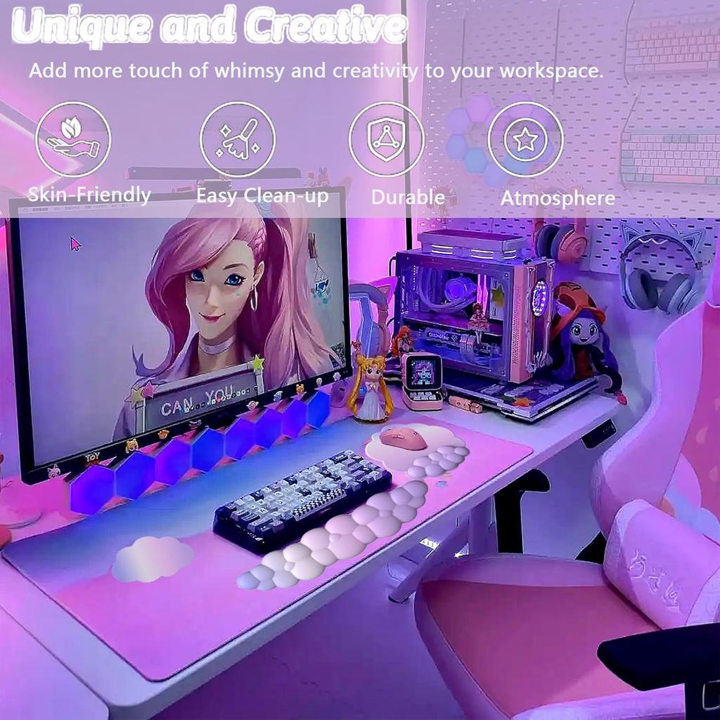 Cloud Keyboard Wrist Rest Purple Mouse Pad with Wrist Rest for Computer Keyboard and Mouse Pad Set Memory Foam PU Base Cute Ergonomic Wrist Pad