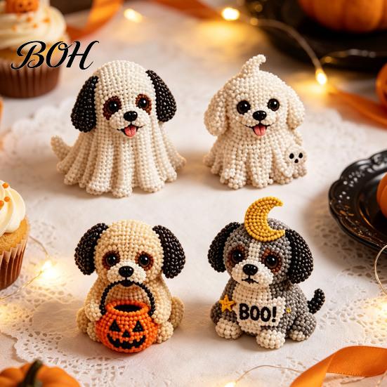 Creative Hobby Sets Halloween Dog Bead Art Set, DIY 4 Beaded Puppy Figurines, 3D Craft Kit for Kids Adults Teens, Holiday Decoration Handmade
